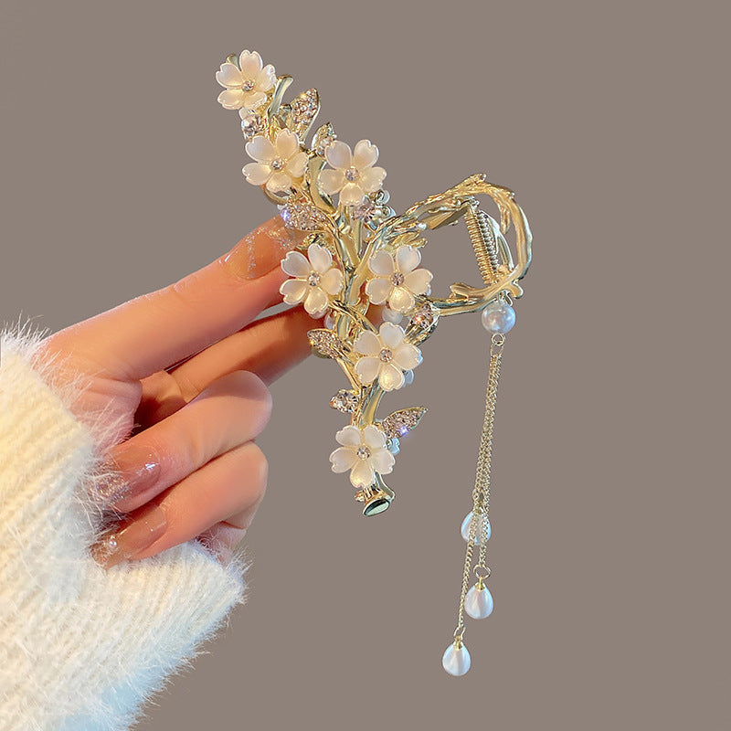 Large Metal Pearl Bell Orchid Tassel Hair Clip