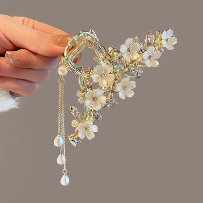 Large Metal Pearl Bell Orchid Tassel Hair Clip